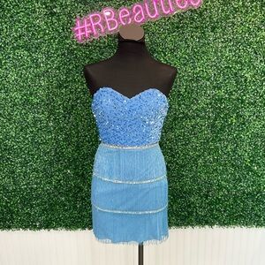 Blue Strapless Beaded Fringe Dress